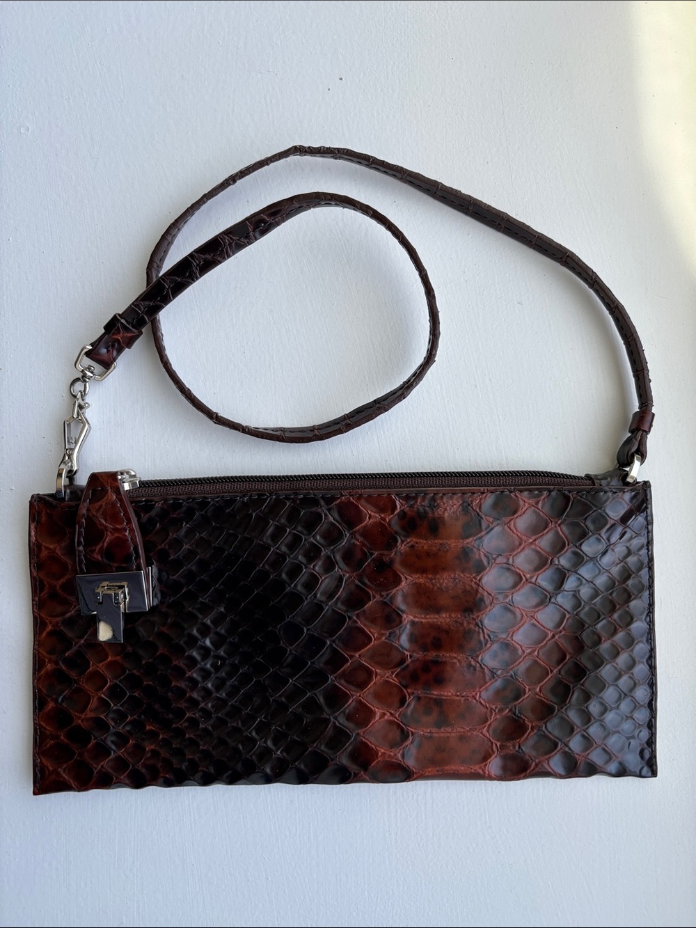 Danier Brown & Black Python Embossed Snake Leather Purse Wristlet Clutch EUC